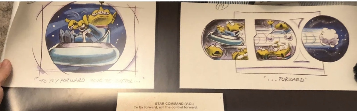 Pre-show storyboards show the Little Green Men teaching guests how to "fly" their saucers.